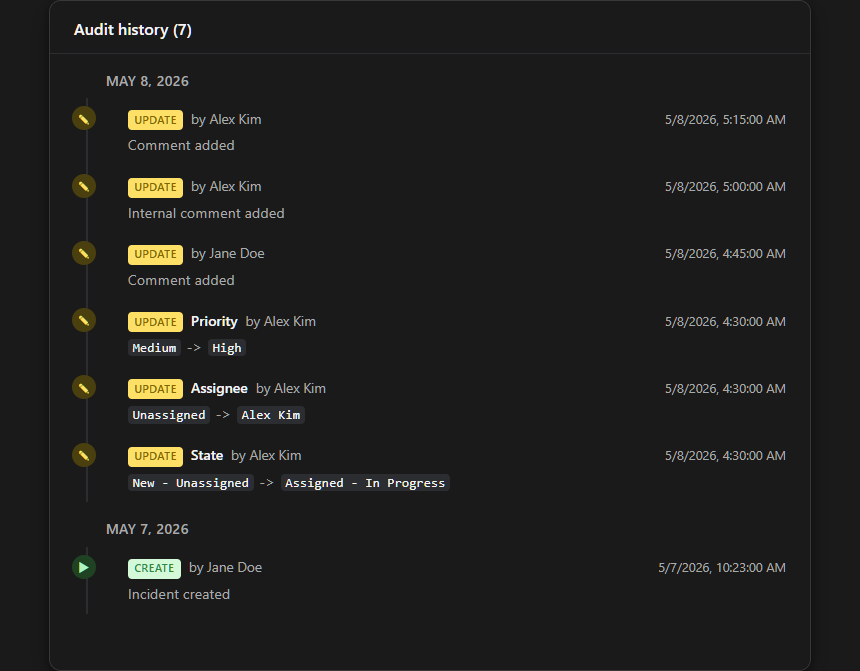 audit-timeline widget rendered with Acme Corp example data, dark theme