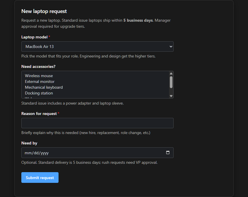 catalog-item-form widget rendered with Acme Corp example data, dark theme