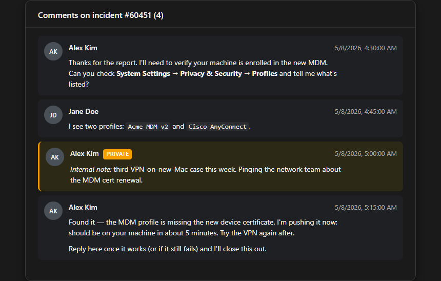 comment-thread widget rendered with Acme Corp example data, dark theme