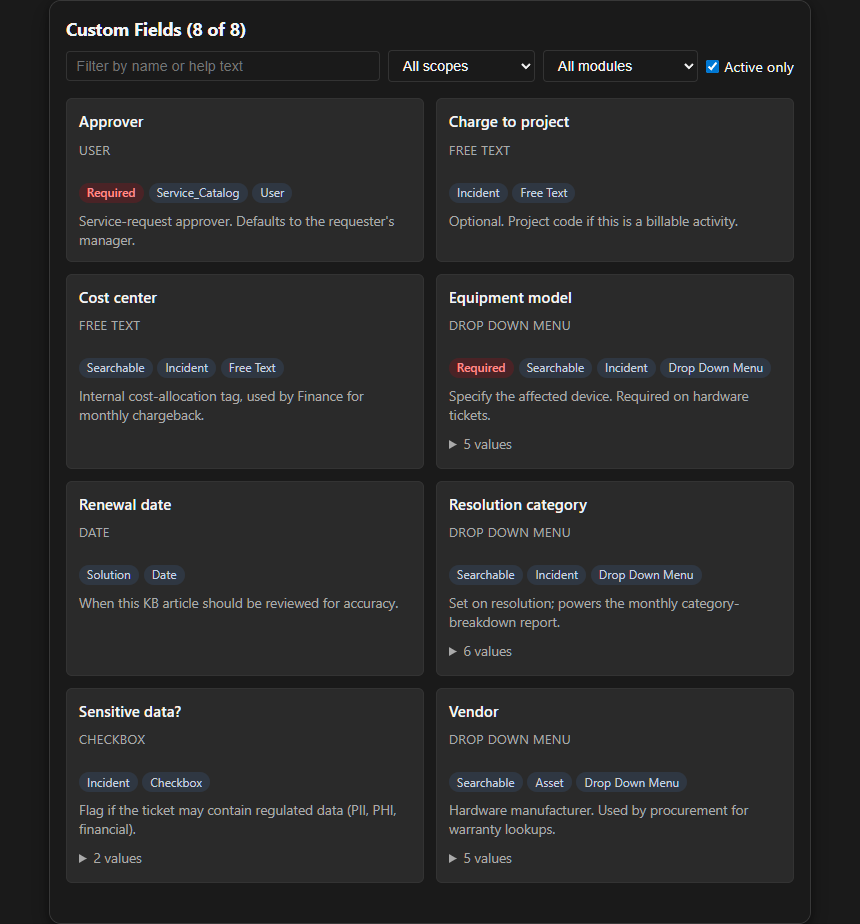 custom-fields widget rendered with Acme Corp example data, dark theme