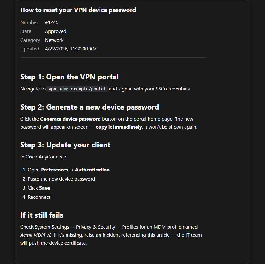 solution-detail widget rendered with Acme Corp example data, dark theme